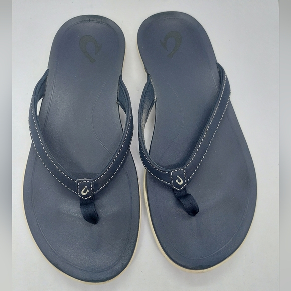 Olukai Ho'opio Sandals Women’s Size 7-7.5 Navy Blue Leather Thong Flip Flops - Picture 1 of 14